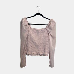 Express Blush Pink Sheer Long Sleeve Top with Gold Detail & Ruffle – Size L NWT